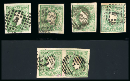 Stamp of Portugal 1867 50r green, a small used group comprising four single examples and one pair