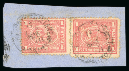 Stamp of Egypt » 1872-75 Penasson 1pi rose-red, lithographed two single tied on small fragment, showing the left stamp from Die IA and the right stamp Die IB