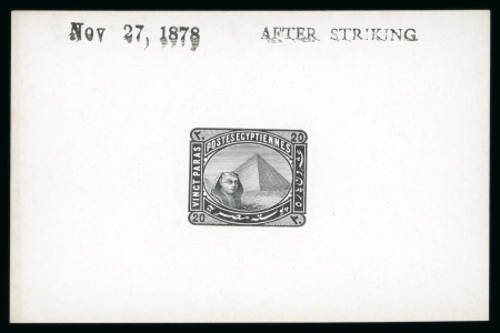 Stamp of Egypt » 1879 De La Rue 20pa die proof in black on glossy card, handstamped