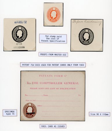 Stamp of Great Britain » Postal Stationery Patent Office: 7 1/2d Patents stationery group on an album page comprising three De La Rue die proofs