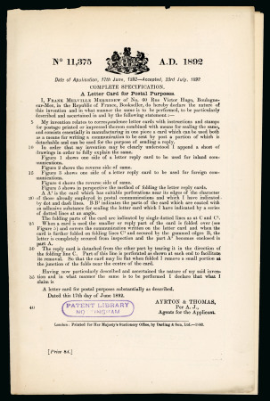 Stamp of Great Britain » Literature and Philatelic Documents Patents: Trio of UK patents incl. "A Letter Card for Postal Purposes" by Frank Melville Merridew