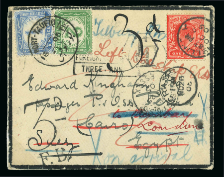 Stamp of Egypt » Postage Dues 1889-1915 2m green and 1pi blue, on 1905 mourning redirected envelope from Great Britain franked KEVII 1d red