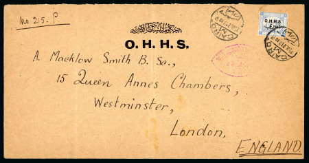 Stamp of Egypt » Officials 1907 1pi ultramarine, on enlarged 1912 OHHS envelope from Cairo to London