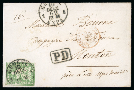 Stamp of Switzerland / Schweiz » Sitzende Helvetia Ungezähnt » 1857-62 Berner Druck, Dickes Papier 1862, Strubel 40 Rp. grün, 4. Berner Druckperiode, auf Brief von Genf nach Menton (Frankreich)