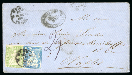 Stamp of Switzerland / Schweiz » Sitzende Helvetia Ungezähnt » 1856-57 Berner Druck (II) 1861, Strubel 40 Rp. grün, 2. Berner Druckperiode, zusammen mit Strubel 10 Rp. blau 3. Berner Druckperiode, auf Brief von Bern nach Napoli