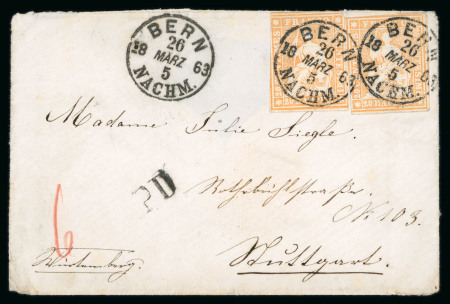 Stamp of Switzerland / Schweiz » Sitzende Helvetia Ungezähnt » 1857-62 Berner Druck, Dickes Papier 1863, 2 Strubel 20 Rp, orange, 4. Berner Druckperiode, auf Brief von Bern nach Stuttgart (Deutschland)