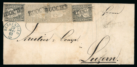 Stamp of Switzerland / Schweiz » Sitzende Helvetia Ungezähnt » Sitzende Mischfrankaturen 1863, 2 Strubel 2 Rp. grau, 4. Berner Druckperiode, in Mischfrankatur mit 2 Sitzenden Helvetia 3 Rp. schwarz, auf Faltbrief von Buochs nach Luzern