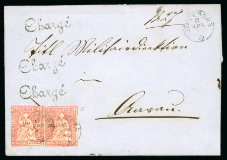 Stamp of Switzerland / Schweiz » Sitzende Helvetia Ungezähnt » Sitzende Mischfrankaturen 1862, 2 Strubel 15 Rp. rot, 4. Berner Druckperiode, auf eingeschriebenem Brief von Steckborn an die Militärdirektion des Kantons Aargau
