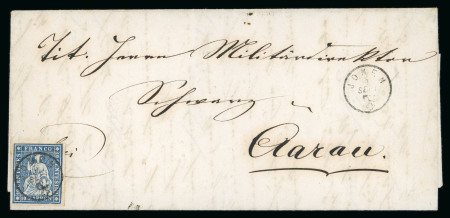 Stamp of Switzerland / Schweiz » Sitzende Helvetia Ungezähnt » 1857-62 Berner Druck, Dickes Papier 1862, Strubel 10 Rp. blau, 4. Berner Druckperiode, auf Faltbrief von Aarau an den Militärdirektor in Aarau, entwertet mit seltenem schwarzen Fingerhutstempel «  JONEN 5 SEPT 62 »