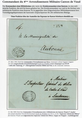 Stamp of Switzerland / Schweiz » Vorphilatelie 1816-1820, Los mit 2 Vorphila-Briefen auf Ausstellungsseite von Nyon mit seltenem Portofreiheitsstempel « COMMANDANT MILITAIRE D’ARRONDISSEMENT/ NYON »