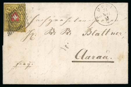Stamp of Switzerland / Schweiz » Rayonmarken » Rayon II, gelb, ohne Kreuzeinfassung (STEIN E) 1853, Rayon II, Type 10, Stein E-LU, auf dekorativem Faltbrief von Muri nach Bern