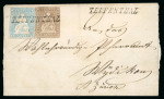 Stamp of Switzerland / Schweiz » Sitzende Helvetia Ungezähnt » 1854-55 Berner Druck (I) 1857, 5 Rp. braun, 1. Berner Druckperiode, zusammen mit 10 Rp. hellblau, 2. Berner Druckperiode, auf Brief von Teufenthal nach Wiedikon