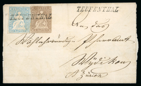 Stamp of Switzerland / Schweiz » Sitzende Helvetia Ungezähnt » 1854-55 Berner Druck (I) 1857, 5 Rp. braun, 1. Berner Druckperiode, zusammen mit 10 Rp. hellblau, 2. Berner Druckperiode, auf Brief von Teufenthal nach Wiedikon