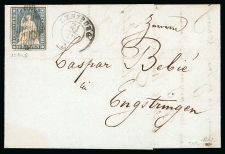 Stamp of Switzerland / Schweiz » Sitzende Helvetia Ungezähnt » Münchner Druck, 1. Auflage 1855, 10 Rp. blau, 1. Münchner Druckperiode, auf Faltbrief von Lenzburg nach Engstringen