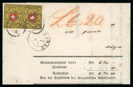 Stamp of Switzerland / Schweiz » Rayonmarken » Rayon II, gelb, ohne Kreuzeinfassung (STEIN B) 1853, Paar Rayon II, Typen 29-30, Stein B-RU, auf Nachnahme-Brief von Aarau nach Bünzen