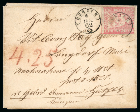 Stamp of Switzerland / Schweiz » Sitzende Helvetia Ungezähnt » 1857-62 Berner Druck, Dickes Papier 1862, Strubel 15 Rp. rot, 4. Berner Druckperiode, auf Brief von Bünzen nach Muri