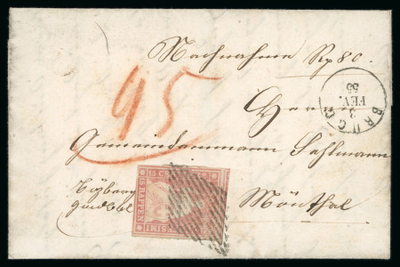 Stamp of Switzerland / Schweiz » Sitzende Helvetia Ungezähnt » Münchner Druck, 1. Auflage 1855, 15 Rp. rot, 1. Münchner Druckperiode, auf Brief von Brugg nach Mönthal