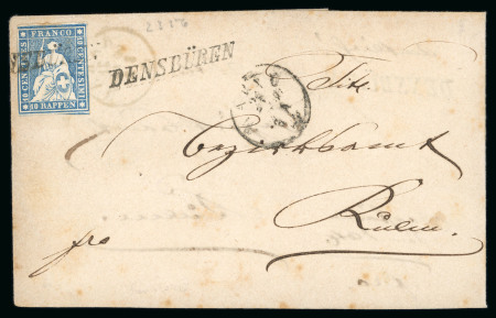 Stamp of Switzerland / Schweiz » Sitzende Helvetia Ungezähnt » 1857-62 Berner Druck, Dickes Papier 1860, Strubel 10 Rp. blau, 4. Berner Druckperiode, auf Brief von Aarau nach Rueun