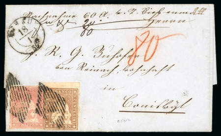 Stamp of Switzerland / Schweiz » Sitzende Helvetia Ungezähnt » Münchner Druck, 3. Auflage 1856, Strubel 5 Rp. braun, 3. Münchner Druckperiode, zusammen mit Strubel 15 Rp. rot, 1. Berner Druckperiode, auf Brief von Aarau nach Conisswyl