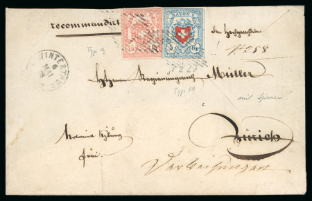 Stamp of Switzerland / Schweiz » Rayonmarken » Rayon I, hellblau, ohne KE (STEIN C2) 1854, Rayon I hellblau, Type 19 C2-LO, mit Plattenfehler « Spuren der Kreuzeinfassung » zusammen mit Rayon III, Type 9,  auf Nachnahme-Briefvorderseite