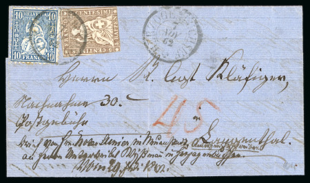 Stamp of Switzerland / Schweiz » Sitzende Helvetia Ungezähnt » Sitzende Mischfrankaturen 1862, Strubel 5 Rp. braun, 4. Berner Druckperiode, zusammen mit Sitzender Helvetia 10 Rp. blau