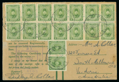 Stamp of Egypt » British Forces in Egypt 1932-35 1939 3m green, block of ten and three pairs all tied on Australian Army Postal Service envelope by DIV.H.Q. PO/26.OC.40 cds