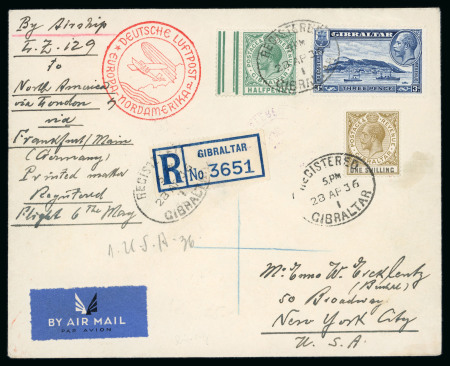 Stamp of Gibraltar 1936 (Jun 28) Printed matter sent registered by Zeppelin to New York with KGV 1/2d, 3d Pictorial and 1s tied by registered oval