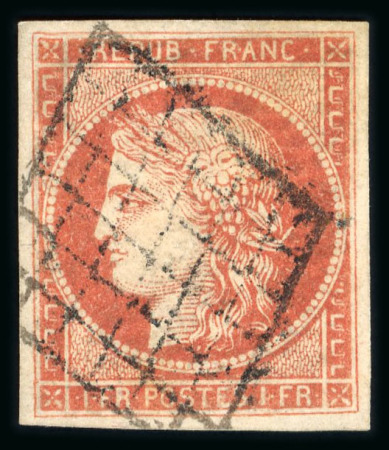 Stamp of France » Type Cérès de 1849-1850 1849, Cérès Y&T n°7 1f vermillon oblitéré grille, timbre