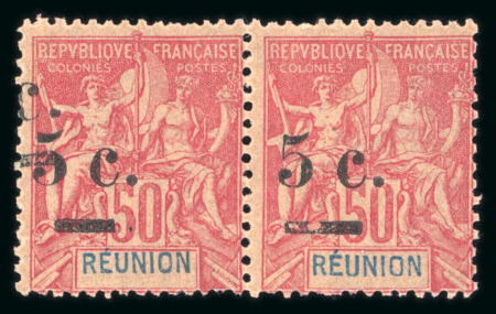 Stamp of Colonies françaises » Réunion Réunion : 1901, variété de surcharge 5C. sur paire