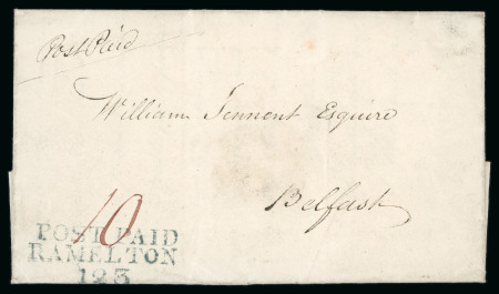 Stamp of Ireland » Pre-Stamp Postal History » Local Post Period - 1773-1840 1829 (20.1) Folded entire with  clear strikes of the Ramelton POST PAID carefully struck above RAMELTON/123 mileage mkg