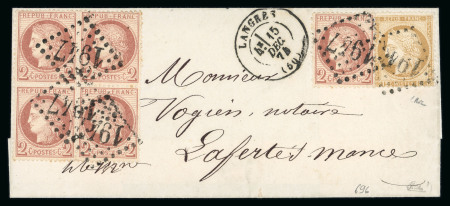 Stamp of France » Lettres Classiques 1874, Lettre à 25c avec Cérès Y&T n°55 + bloc de 4 du n° 51