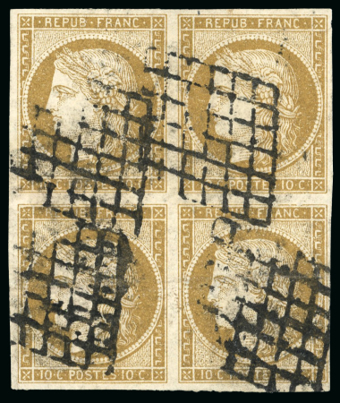 Stamp of France » Type Cérès de 1849-1850 1849, Cérès Y&T n°1, 10c bistre en bloc de 4 timbres
