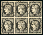 Stamp of France » Type Cérès de 1849-1850 1849, Cérès Y&T n°3, 20c noir sur jaune en bloc de