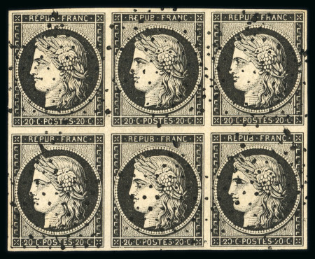 Stamp of France » Type Cérès de 1849-1850 1849, Cérès Y&T n°3, 20c noir sur jaune en bloc de