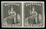 Stamp of Barbados 1875 1/2d, 3d and 4d Britannia issue Perkins & Bacon plate proofs in black in horizontal pairs