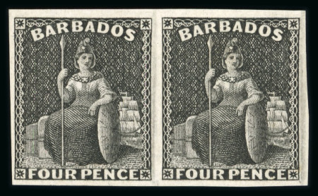 Stamp of Barbados 1875 1/2d, 3d and 4d Britannia issue Perkins & Bacon plate proofs in black in horizontal pairs