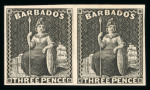 Stamp of Barbados 1875 1/2d, 3d and 4d Britannia issue Perkins & Bacon plate proofs in black in horizontal pairs