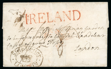 Stamp of Ireland » Pre-Stamp Postal History » Independant Post Office Period - 1784-1831 1800 (6.3) Folded entire from Dublin to the Cape of Good Hope with large London IRELAND straight-line in red