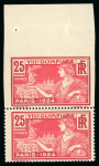 Stamp of France » Variétés et curiosités Variété, 1924 :timbre JO de Paris 1924 Y&T n°184 en paire avec superbe variété non dentelé bord de feuille tenant à normal