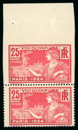 Stamp of France » Variétés et curiosités Variété, 1924 :timbre JO de Paris 1924 Y&T n°184 en paire avec superbe variété non dentelé bord de feuille tenant à normal