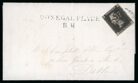 Stamp of Ireland » GB Used In Ireland 1840 1d black, plate 8 TB tied by black MC on 1841 folded lettersheet with 2-line DONEGAL PLACE/R.H. handstamp in black alongside,