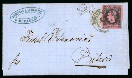 Stamp of Romania » 1866-67 Prince Carol I - Coloured Papers 1866 20 Parale black on thick rose paper (Type 3 of the transfer block), on cover sent from Bucharest to Pitesti