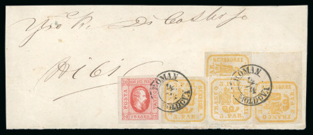 Stamp of Romania » United Principalities 1862-1864 Forgeries: Bisect + 3 x 3 pa. (1864) + 20 pa. Cuza on piece, cancelled with a forged "ROMAN MOLDOVA" postmark