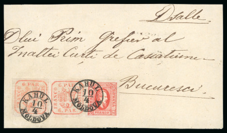 Stamp of Romania » United Principalities 1862-1864 Forgeries: 2 x 6 pa. (1862) + 20 pa. Cuza cancelled with the non-existent fake postmark "KAHUL MOLDOVA" on letter fragment.