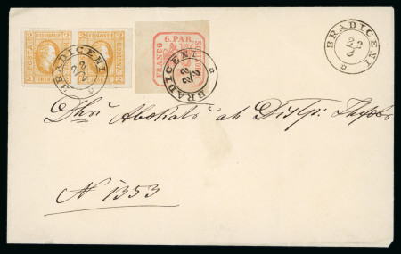 Stamp of Romania » United Principalities 1862-1864 Forgeries: Pair of 2 pa. Cuza + 6 pa. (1862) cancelled with the non-existent fake postmark "BRADICENI" with star
