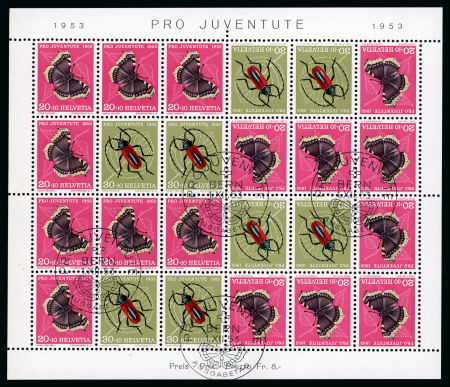 Stamp of Switzerland / Schweiz » Pro Juventute 1953, Pro Juventute Kehrdruckbogen entwertet mit Ersttagstempel