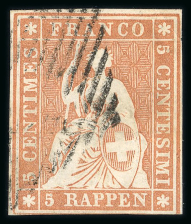 Stamp of Switzerland / Schweiz » Sitzende Helvetia Ungezähnt » Münchner Druck, 1. Auflage 1854, 5 Rp. braun, 1. Münchner Druckperiode, leicht entwertet mit schwarzer eidgenössischer Raute