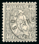 Stamp of Switzerland / Schweiz » Sitzende Helvetia Gezaehnt » Briefmarken 1881 Faserpapier 1881, Sitzende Helvetia 40 Rp. grau auf Faserpapier, zeitgerecht entwertet mit schwarzem Stempel « SOLOTHURN 3.II.82 FAHRPOST »
