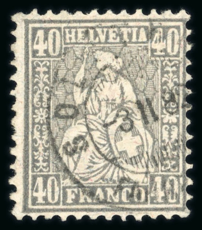 Stamp of Switzerland / Schweiz » Sitzende Helvetia Gezaehnt » Briefmarken 1881 Faserpapier 1881, Sitzende Helvetia 40 Rp. grau auf Faserpapier, zeitgerecht entwertet mit schwarzem Stempel « SOLOTHURN 3.II.82 FAHRPOST »