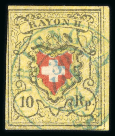 Stamp of Switzerland / Schweiz » Rayonmarken » Rayon II, gelb, ohne Kreuzeinfassung (STEIN E) Rayon II, Type 40, Stein E-LU,  zart entwertet mit zentrisch aufgesetztem blauen Einkreisstempel « TRIENGEN 30 JAN 54 »